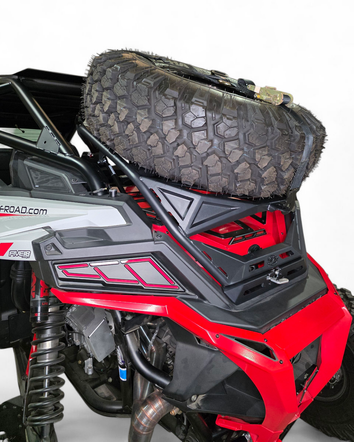 Heavy-duty pivot bracket detail on Polaris RZR high clearance tire rack