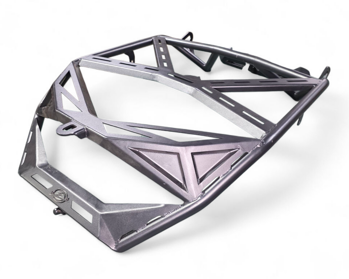 Full machine rear view of Polaris RZR with high clearance tire rack and spare