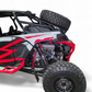 Driver side view of high clearance tire rack installed on Polaris RZR