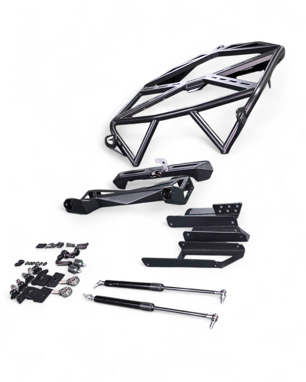 Passenger side view of Polaris RZR high clearance spare tire carrier