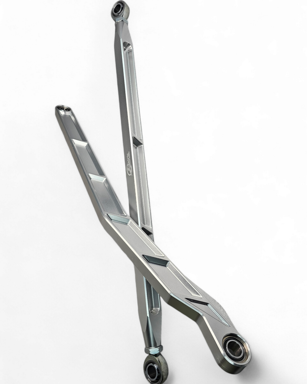 Dual Heim joint upper link on Polaris RZR Pro R clear radius rods showing adjustability