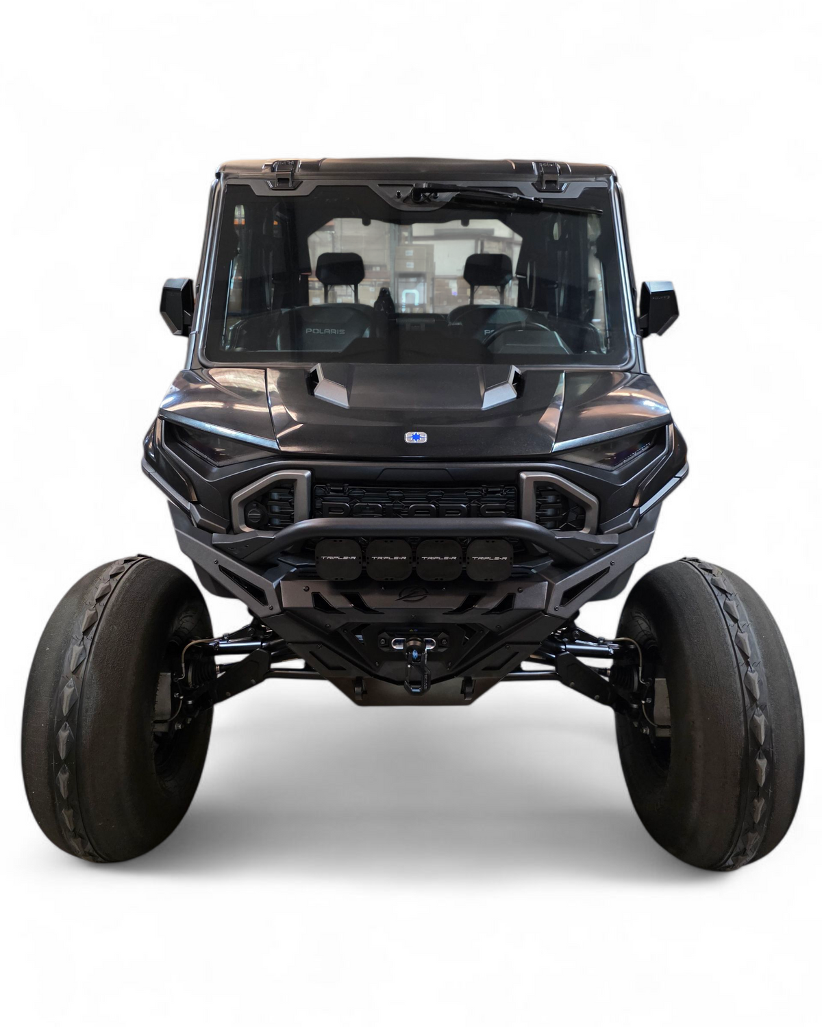 Direct front view of Polaris Ranger 1500 XD Volt front winch bumper with universal light mounts