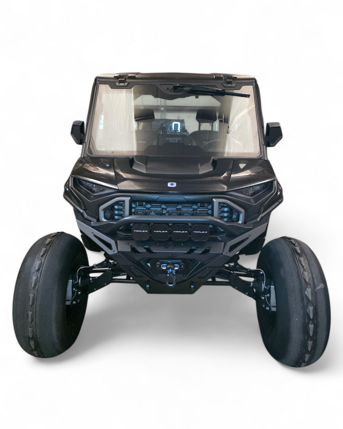 Driver side view of XD Volt front winch bumper installed on Polaris Ranger 1500