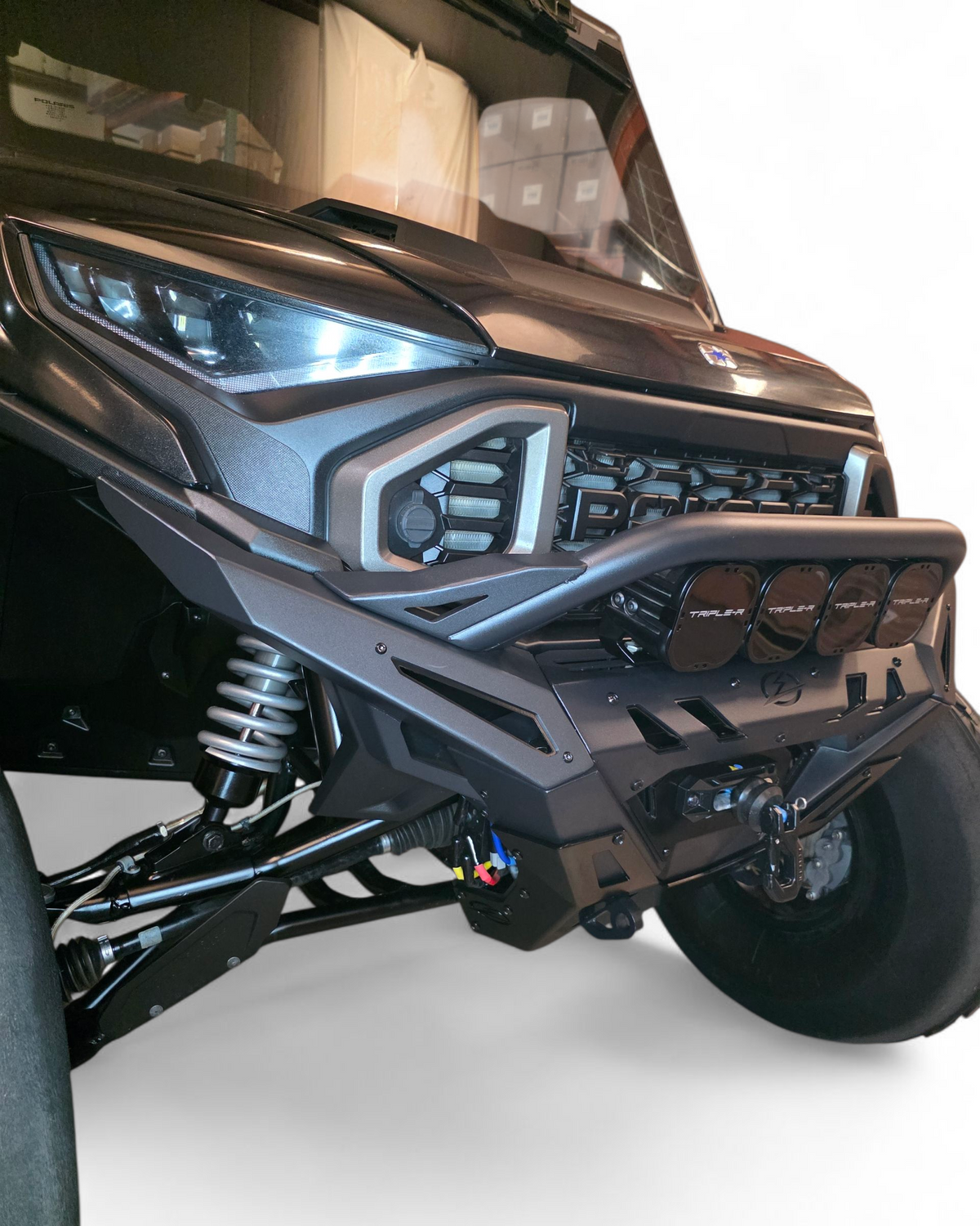 Full machine front view of 2024 Polaris Ranger 1500 fitted with XD Volt front winch bumper