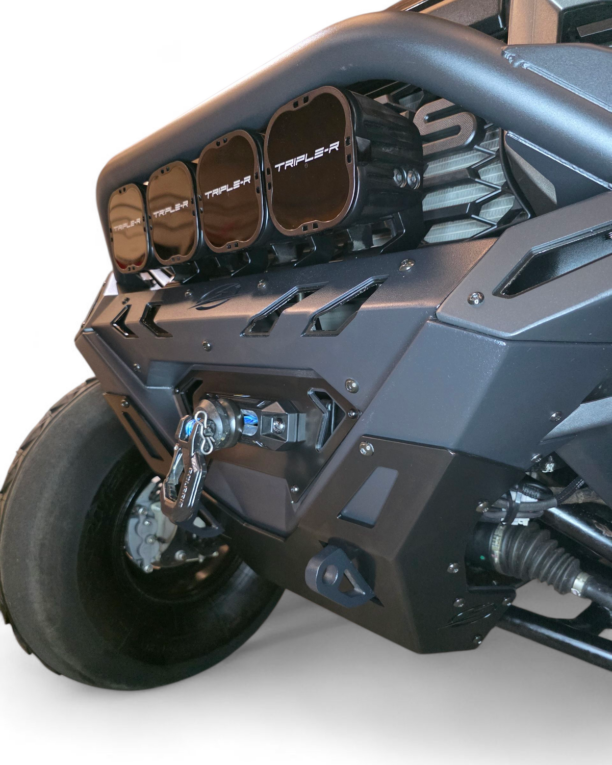 Hammer black finish texture close-up on Polaris Ranger 1500 Volt front winch bumper