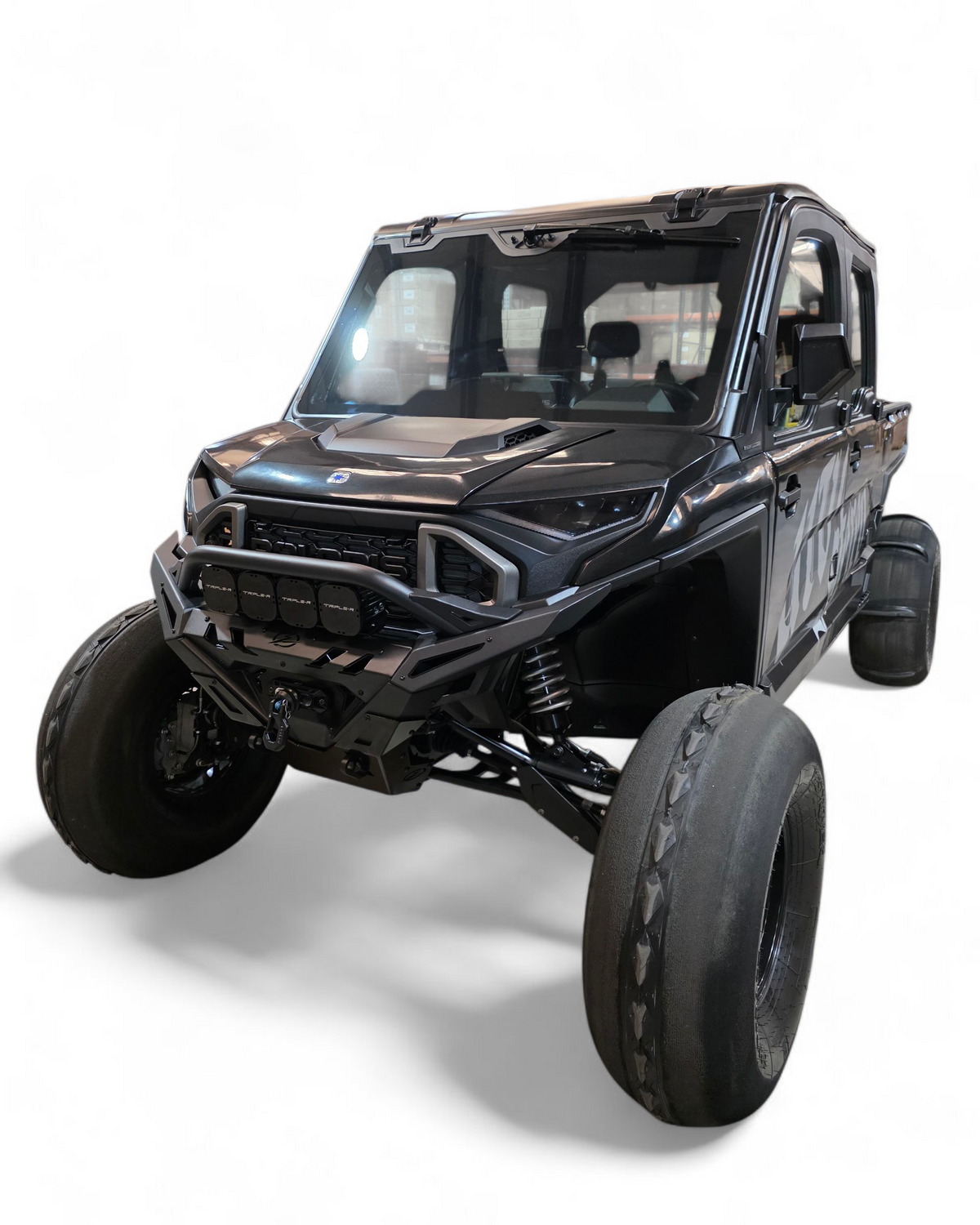Hammer black powder coat and satin black panel finish on Polaris Ranger 1500 Volt front winch bumper