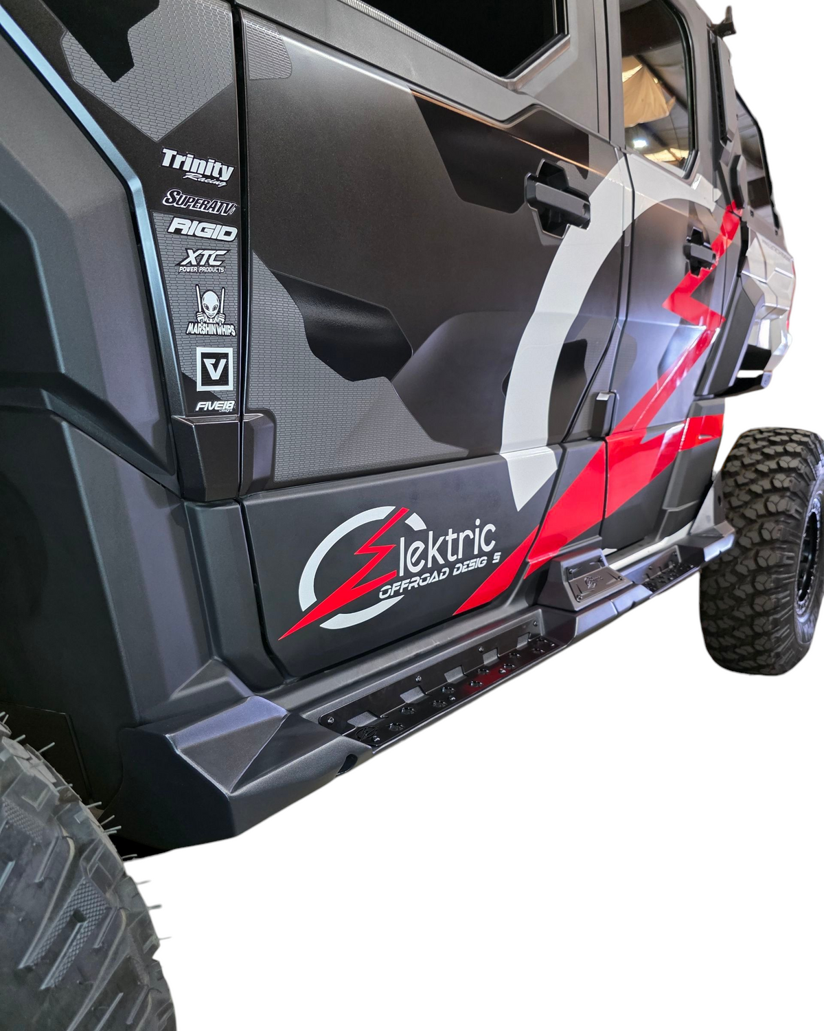 Built-in step with grip plating detail on Polaris Xpedition Volt rock steps