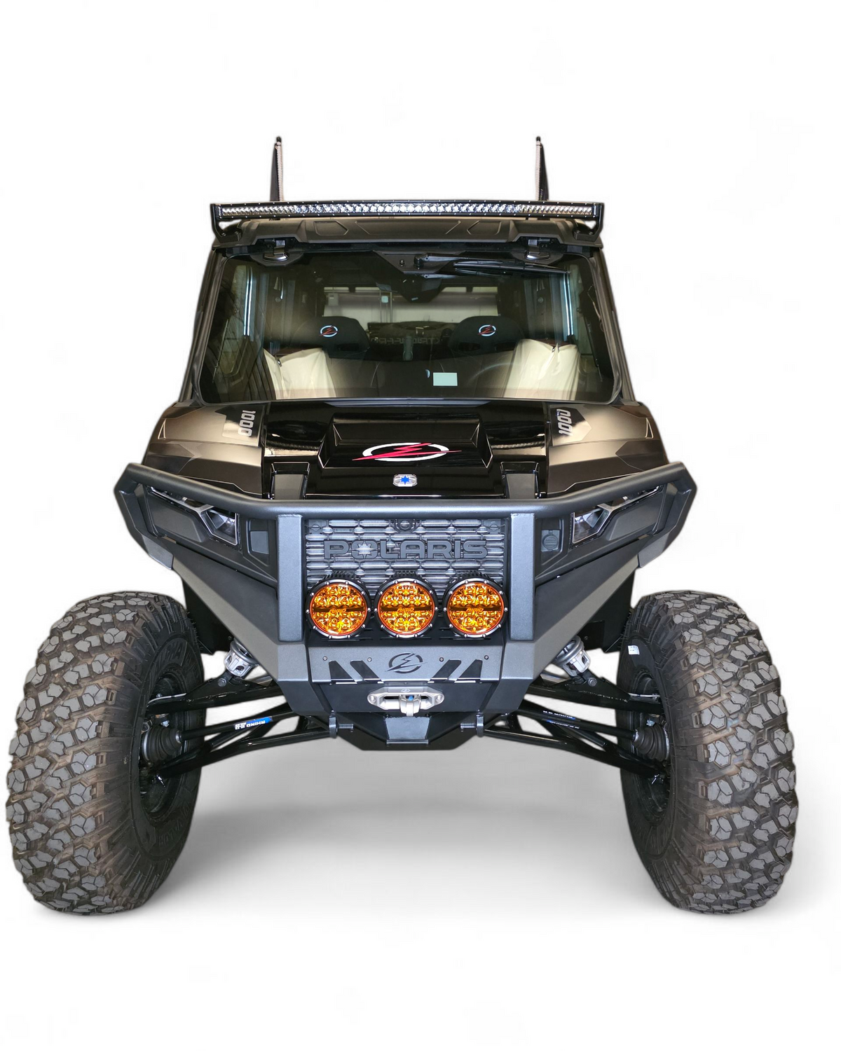 Polaris Xpedition HDX Front Winch Bumper with Brush Guard installed showing full front-end protection and hammer black finish