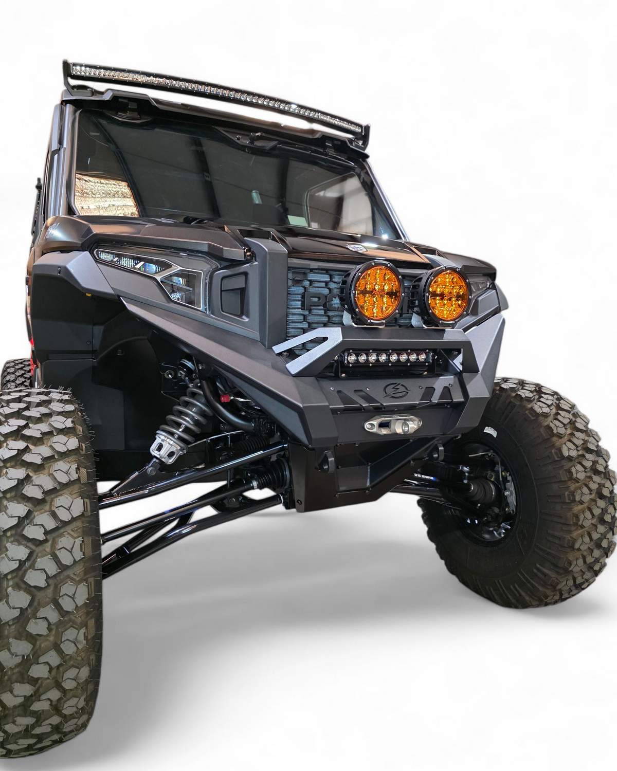 Polaris Xpedition HDX Front Winch Bumper with Standard Small Hoop installed showing hammer black finish and hidden winch mount