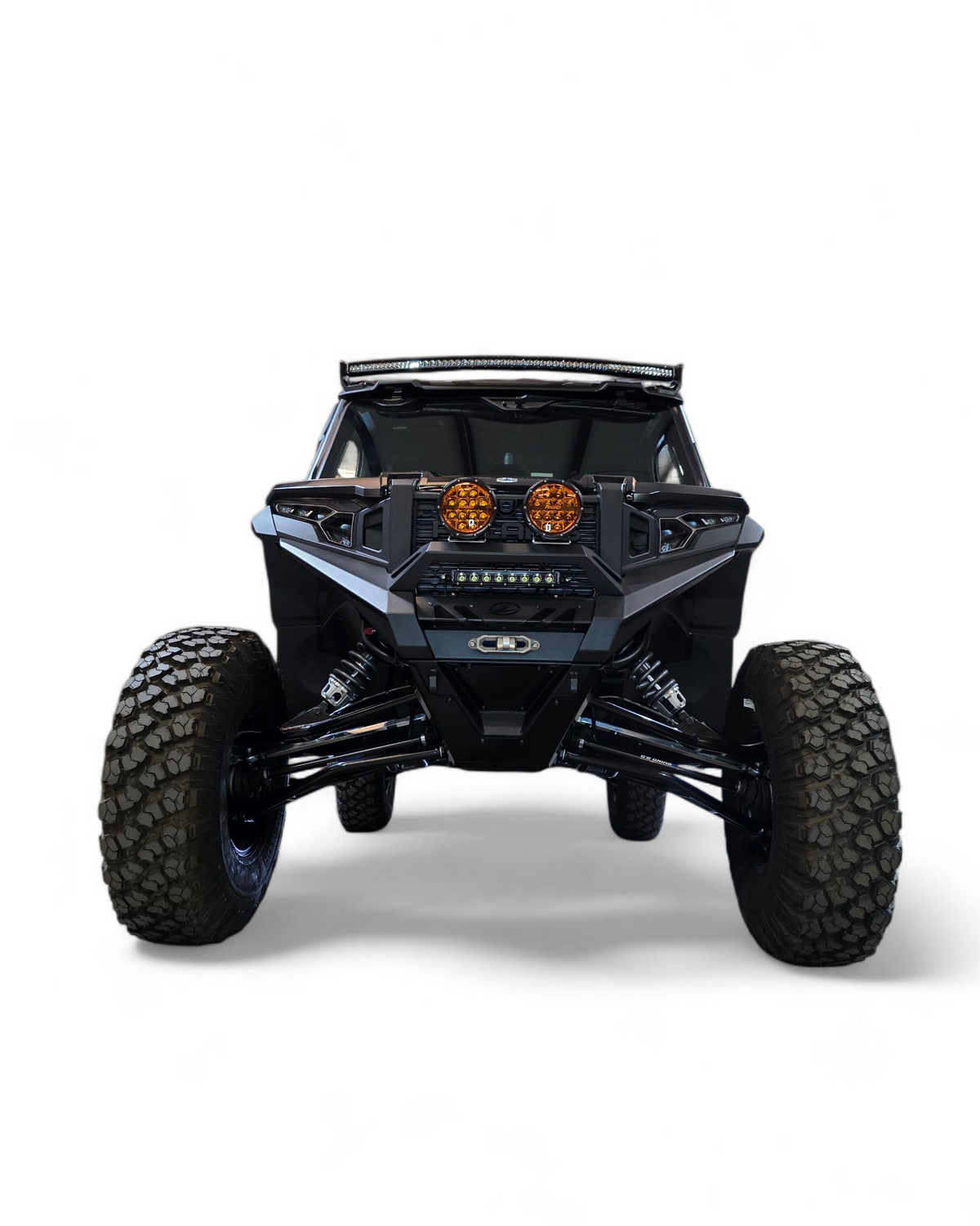 Direct front view of Polaris Xpedition HDX Winch Bumper showing standard small hoop and universal light mounts