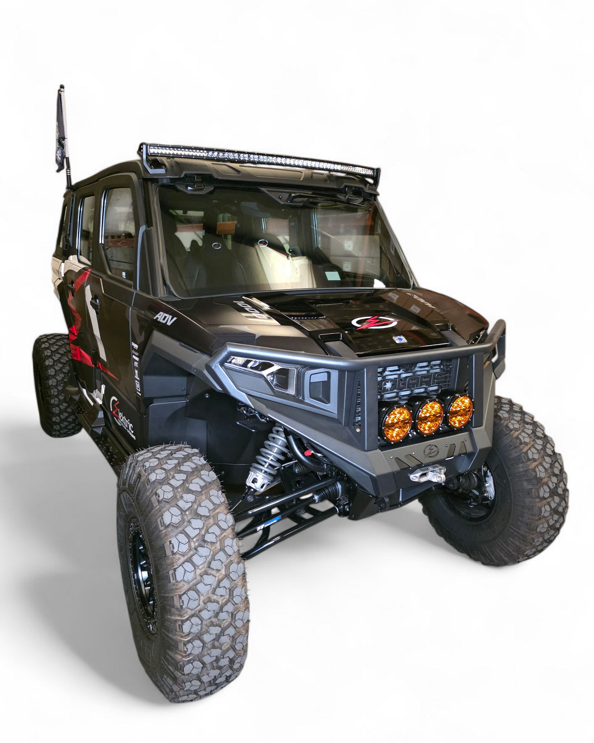 Direct front view of Polaris Xpedition HDX Winch Bumper with brush guard showing full coverage and light mounts