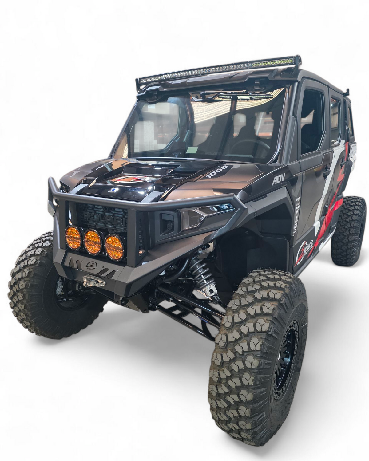 Hidden winch mount detail on Polaris Xpedition HDX Bumper with brush guard fitting larger winches