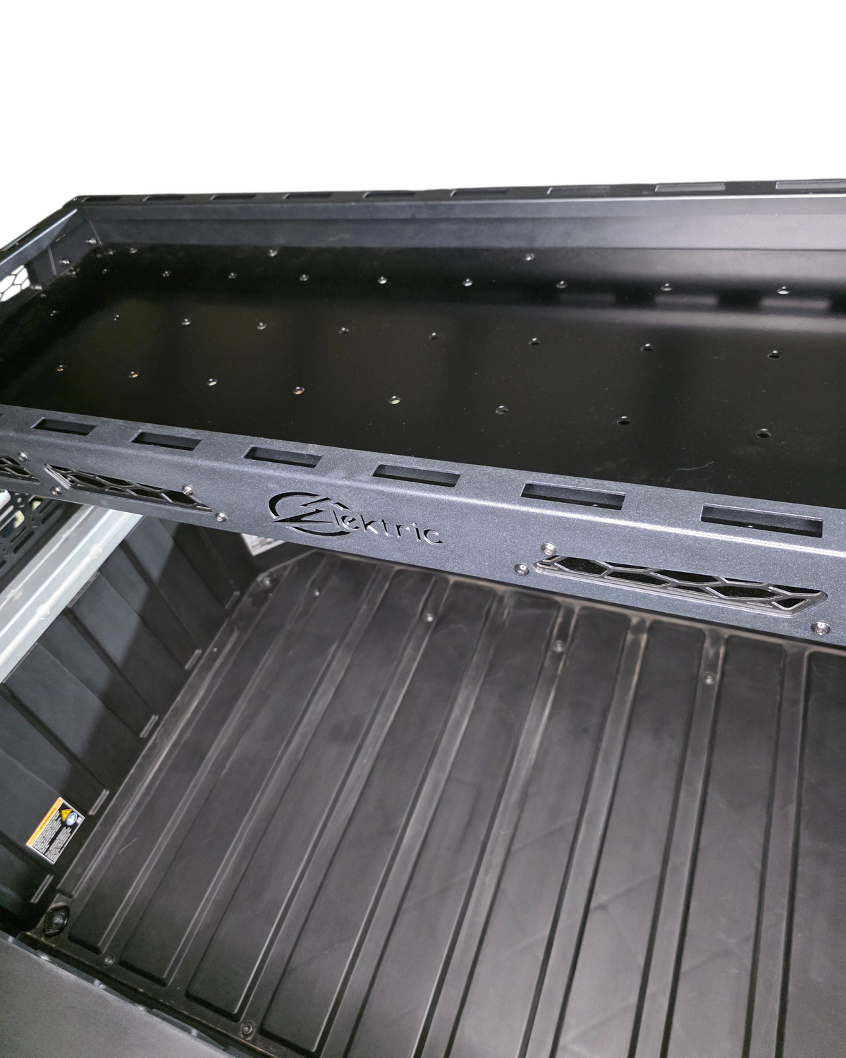 Hammer black powder coat and satin black panel finish on Polaris Xpedition Volt rack