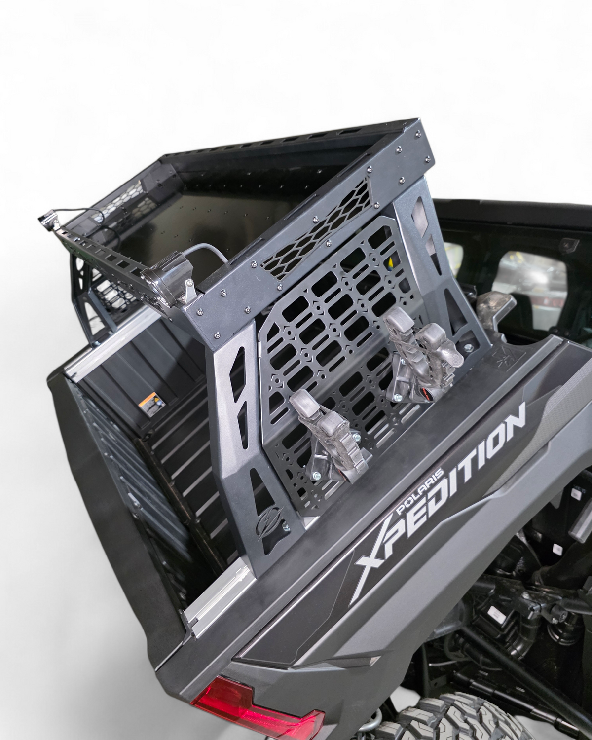 E-Track cutout detail on the folded reinforced edge of Polaris Xpedition Volt short rack