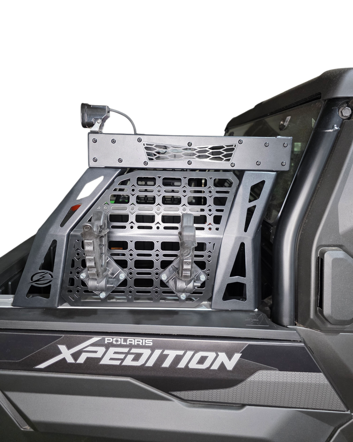 Volt Short Rack installed on 2024 Polaris Xpedition XP bed showing low-profile design in hammer black