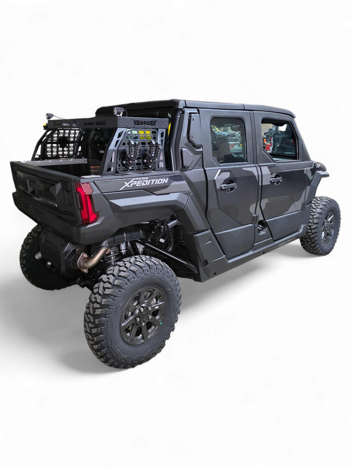 Polaris Xpedition Volt short rack showing MOLLE side panels and aluminum steel construction