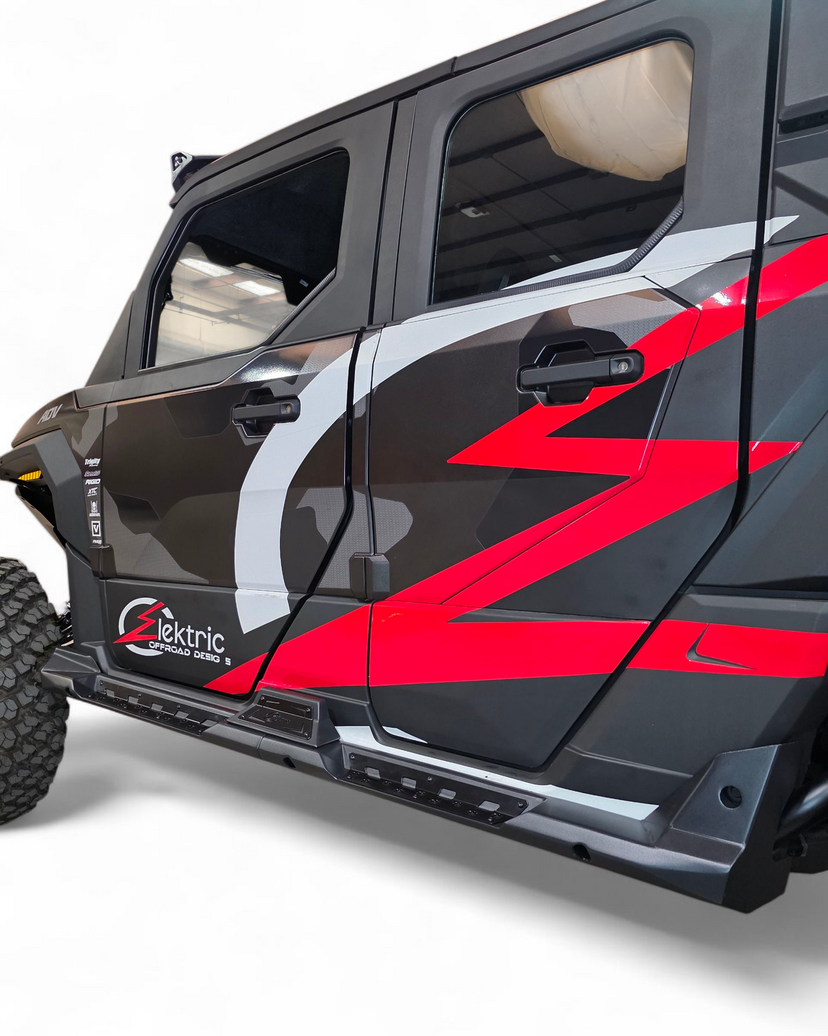Volt Series Rock Steps installed on 2024 Polaris Xpedition 4 seat showing steel sliders with built-in step