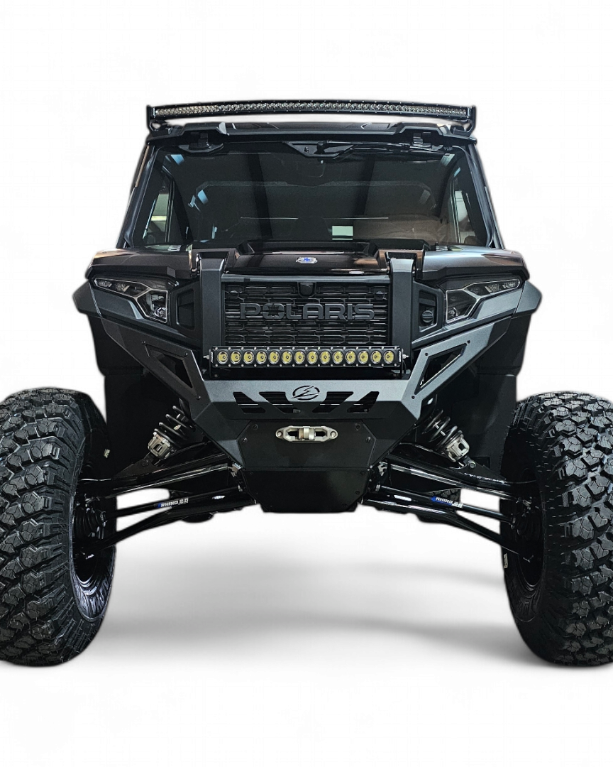 Volt Series Winch Front Bumper installed on 2024 Polaris Xpedition showing hidden winch mount and hammer black powder coat finish