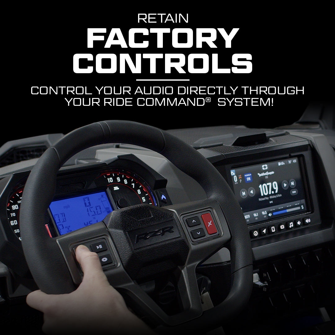 Hand on steering wheel controlling audio through Ride Command system