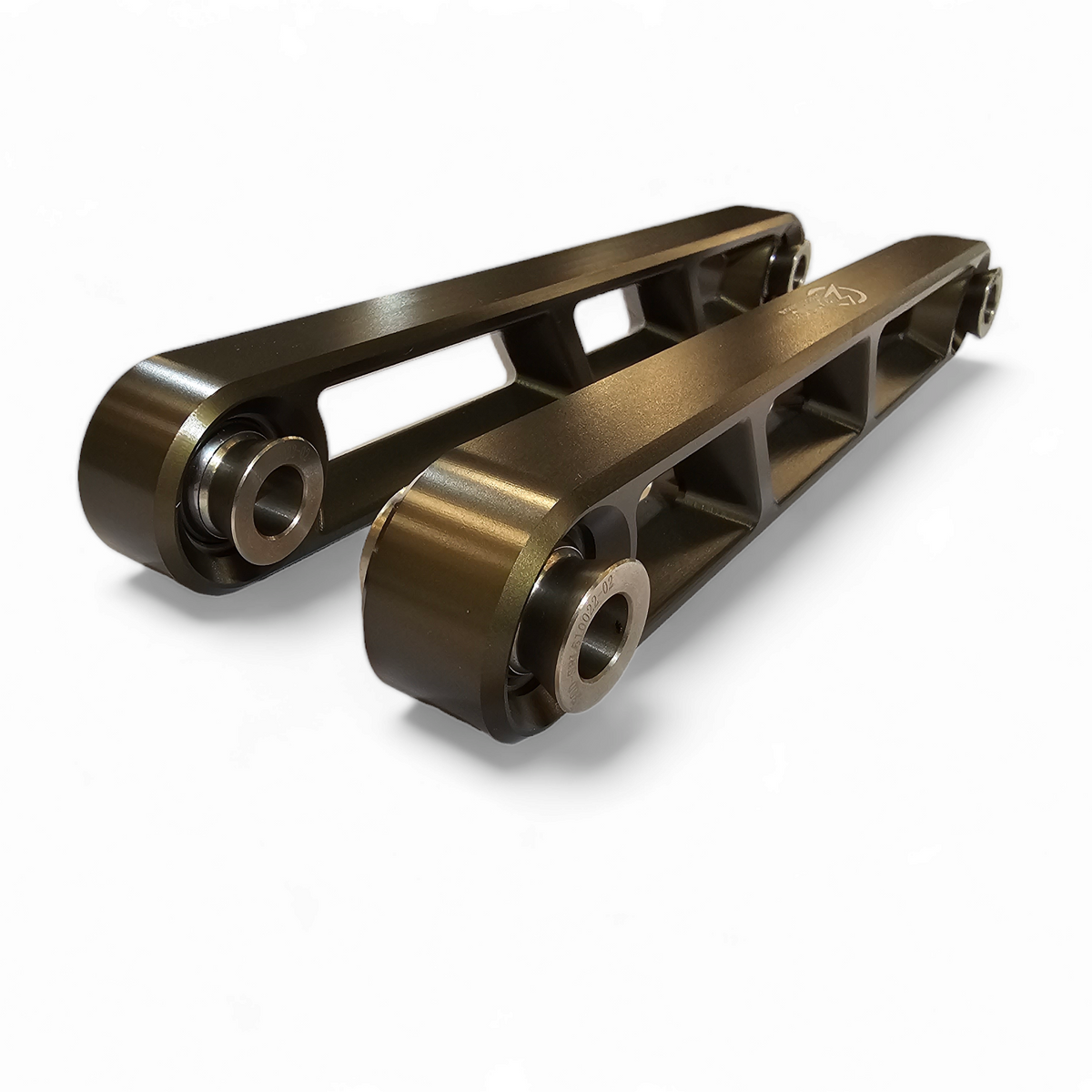 Polaris RZR Turbo R gunmetal billet rear sway bar links showing Teflon uni-balls and machined finish