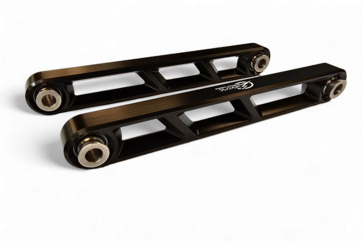 Stylistic machined design on Polaris RZR black rear sway bar link