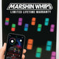 Marshin Whips Roswell Rocklights 2.0 product packaging with smartphone displaying RGB Prop app interface