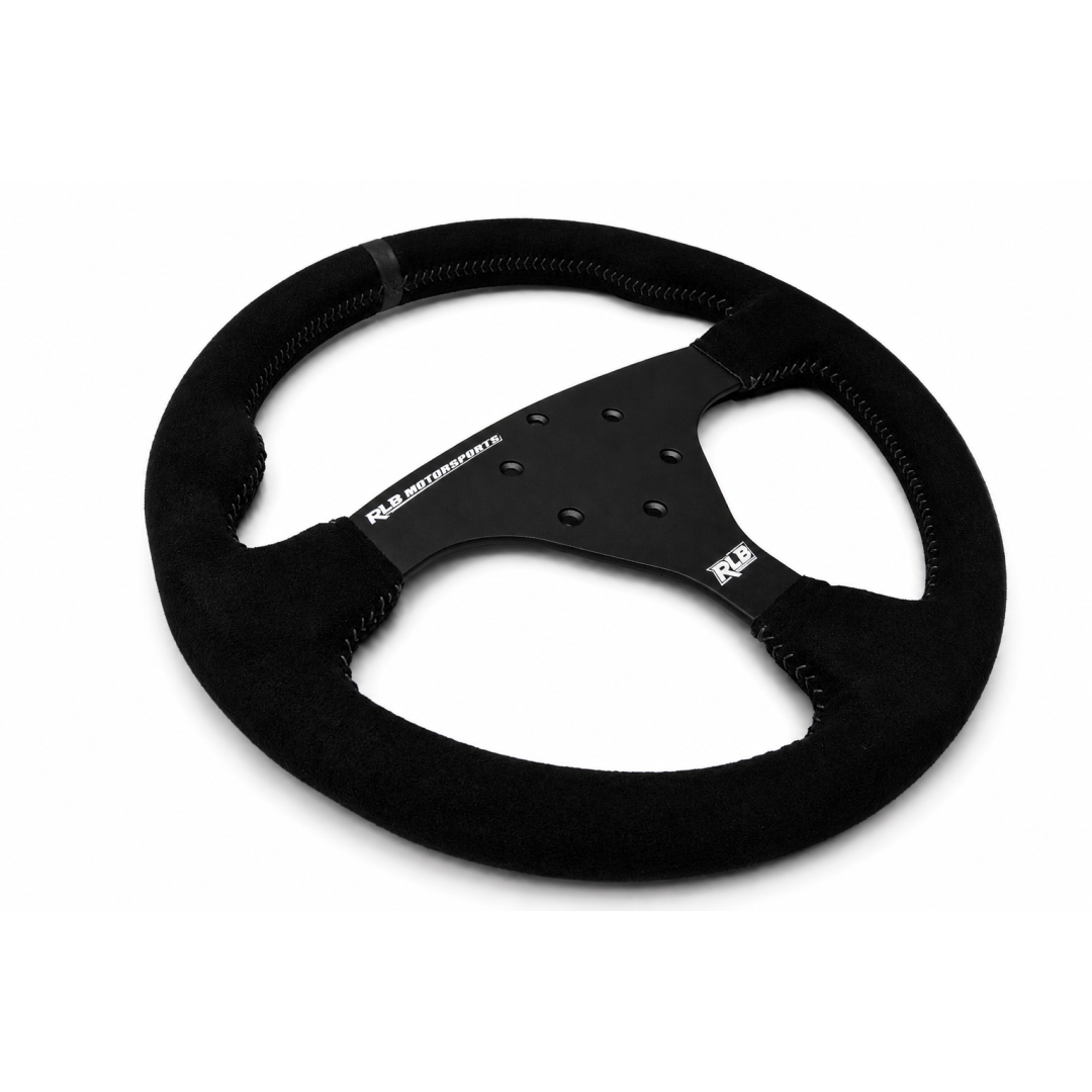 Side angle view of RLB 14" UTV steering wheel showing dish depth and center mounting plate