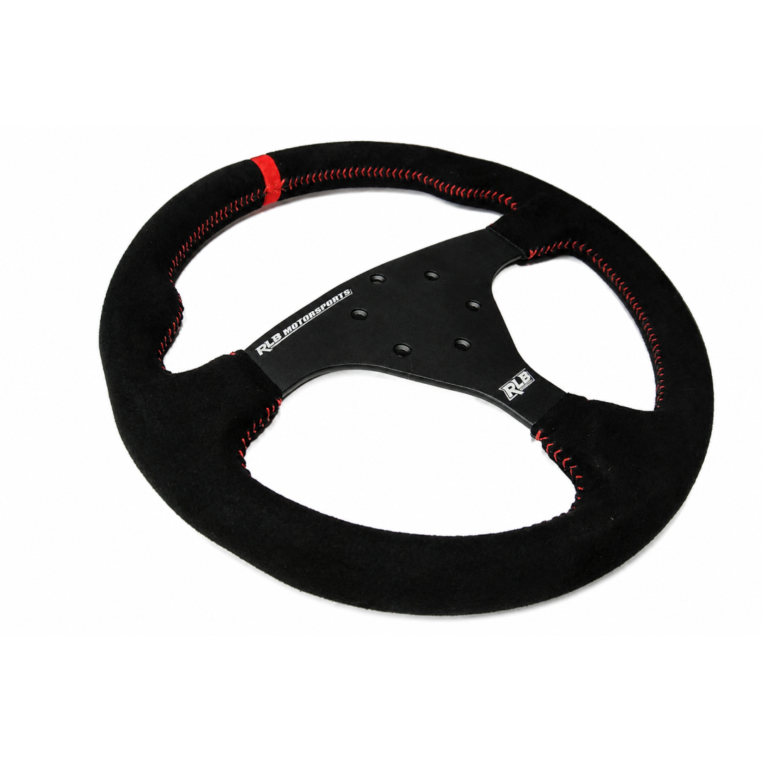Side angle view of RLB 14" UTV steering wheel showing dish depth and center mounting plate