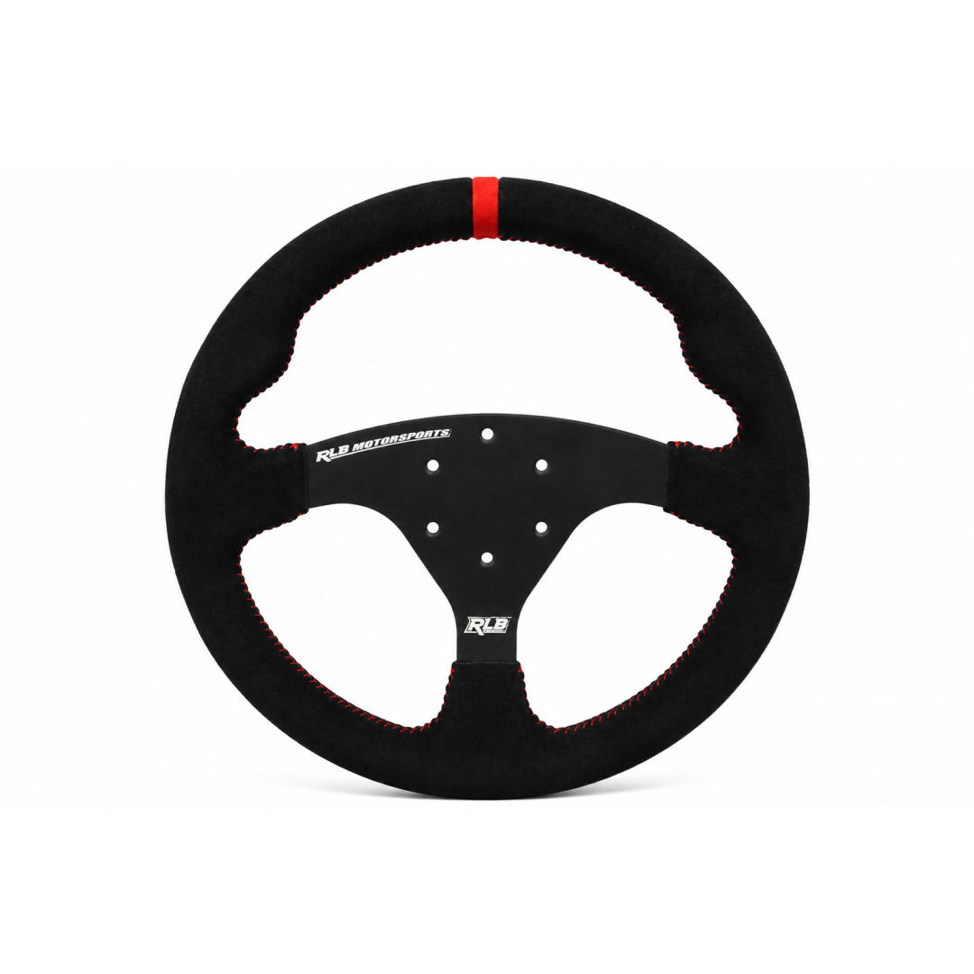 RLB Motorsports 14" UTV race steering wheel in black suede with red stitching, front view