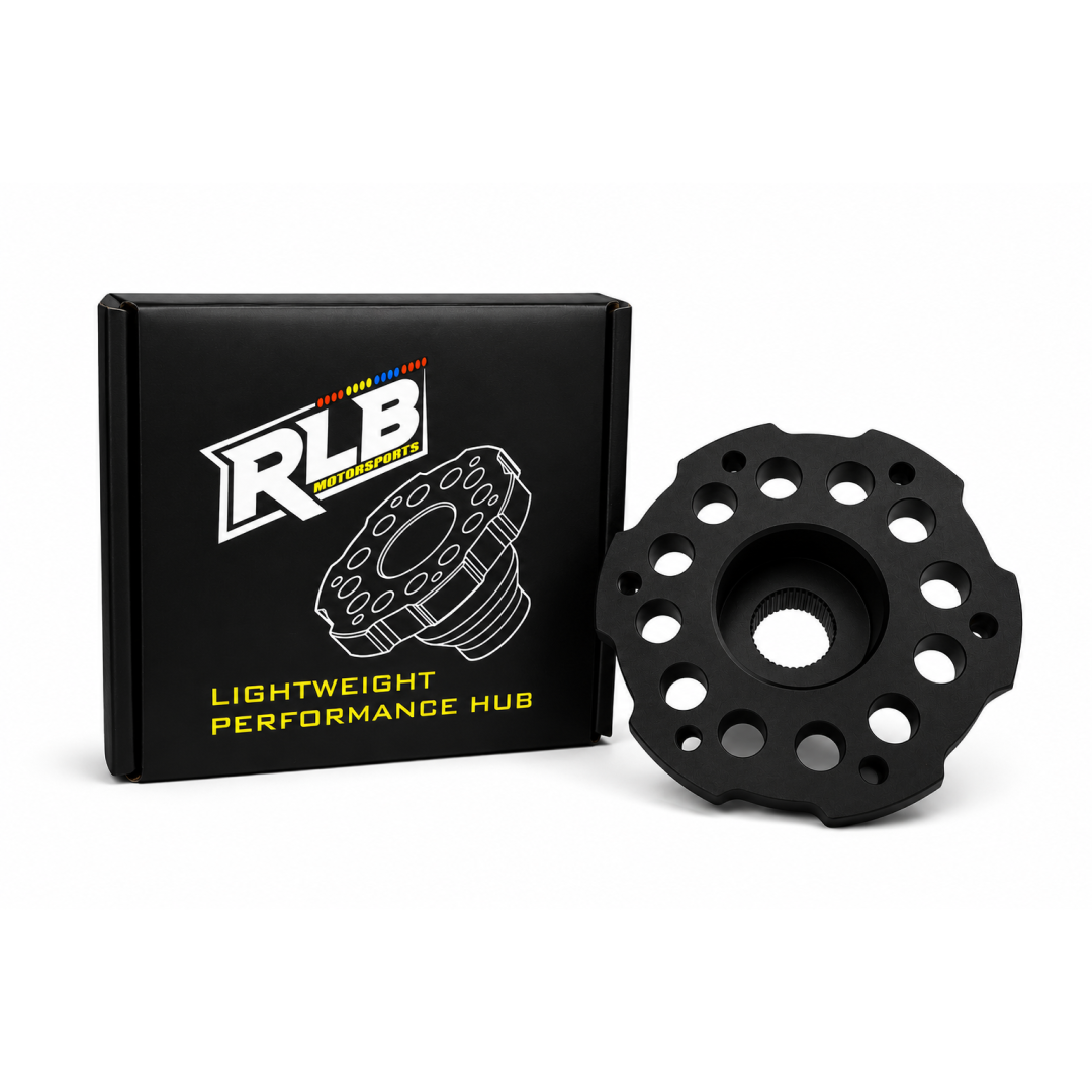 RLB Motorsports lightweight billet hub adapter for UTV steering wheel, shown with packaging
