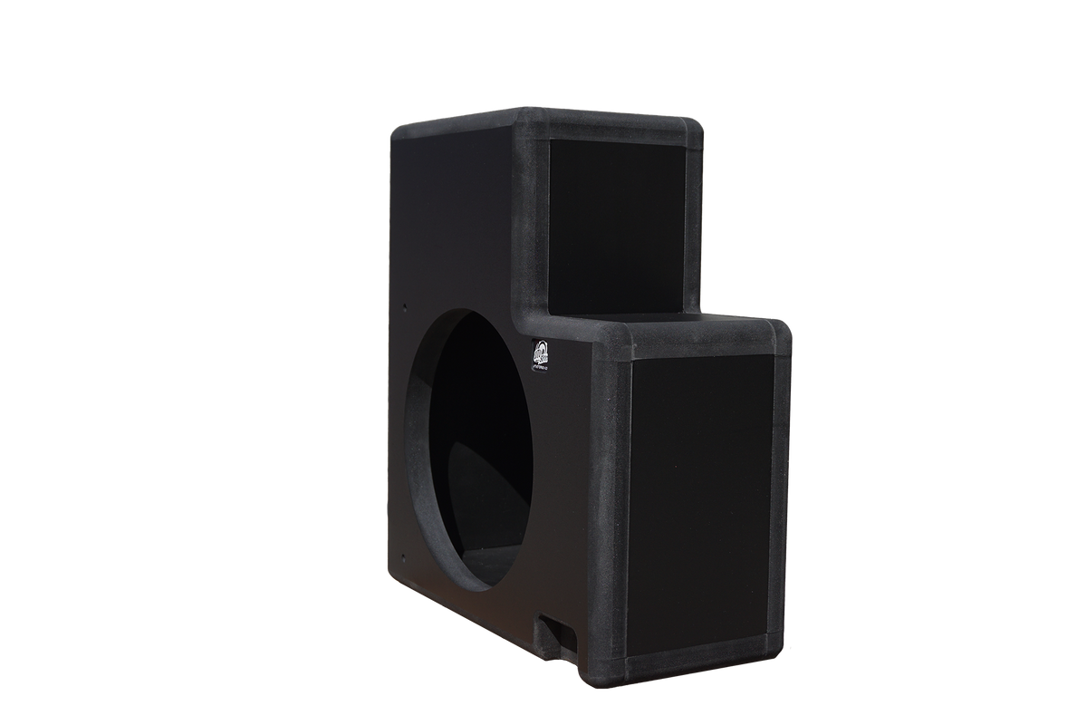 Black vented subwoofer enclosure with a circular speaker cutout