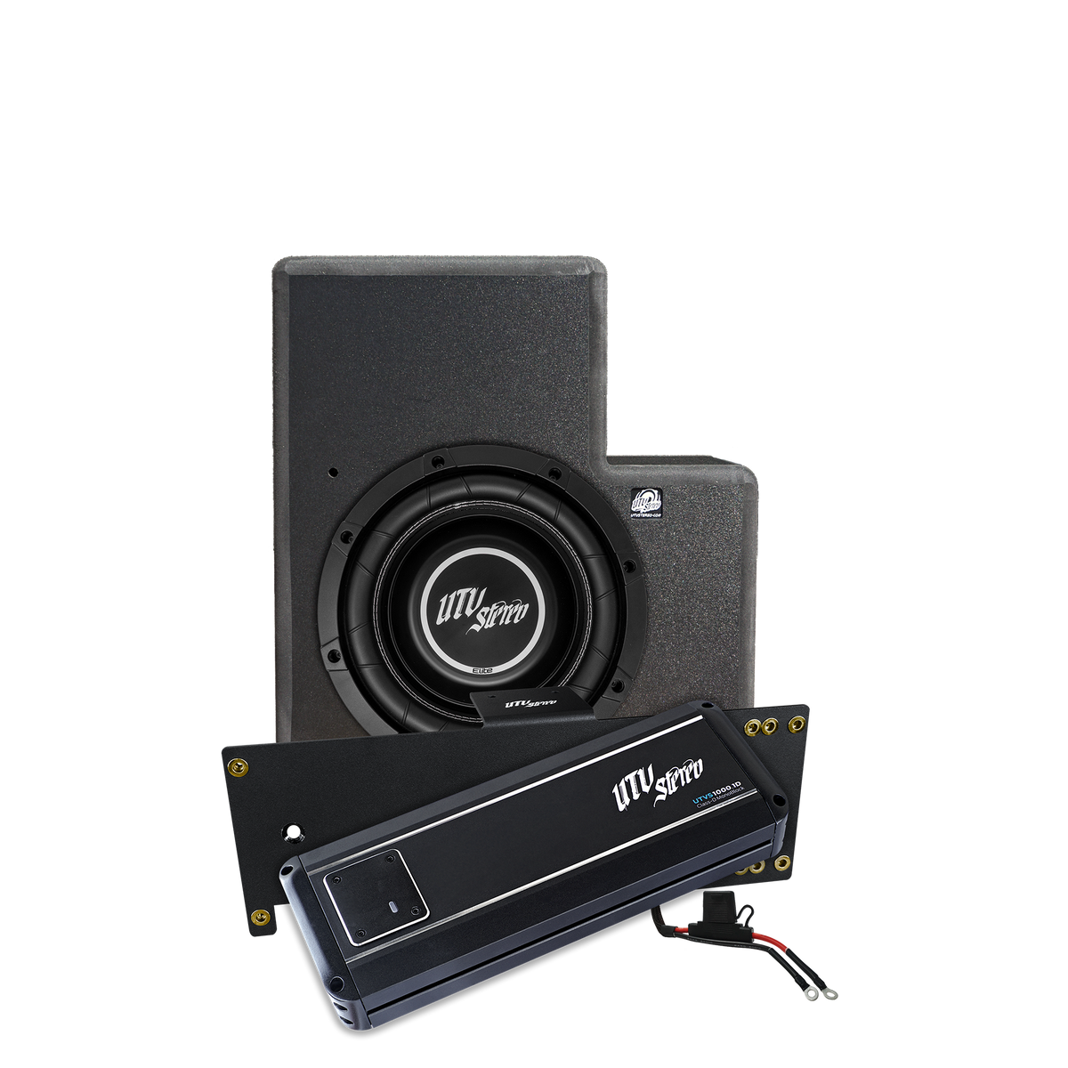 UTV Stereo subwoofer enclosure and Class D monoblock amplifier with mounting bracket