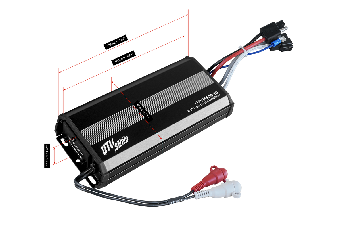 UTV Stereo UTVM500.1D mono class-D amplifier with dimensional measurement lines