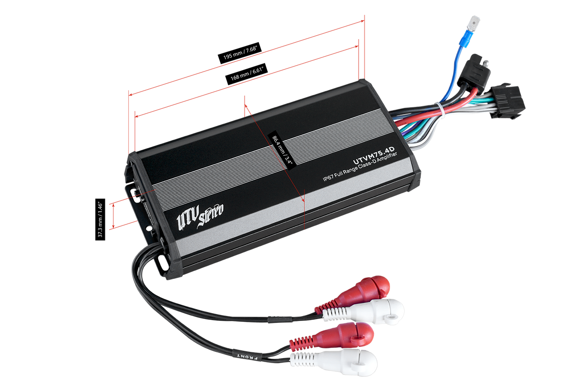 UTV Stereo UTVM75.4D IP67 full range class D amplifier with dimension labels