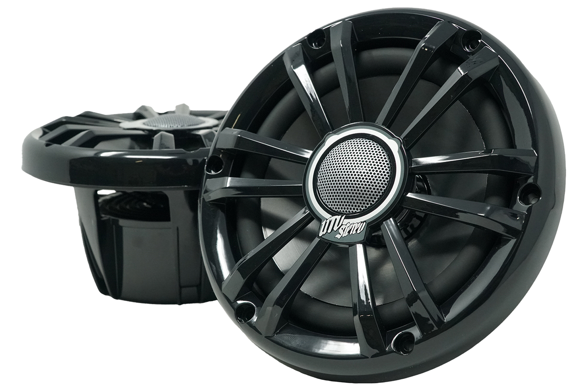 Two black UTV Stereo coaxial speakers with mesh center grilles