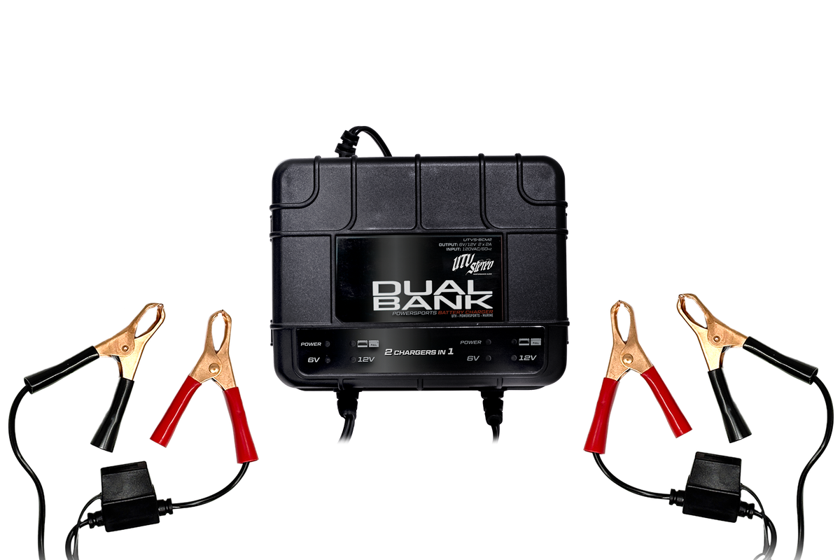 UTV Stereo dual bank powersports battery charger with two sets of alligator clips