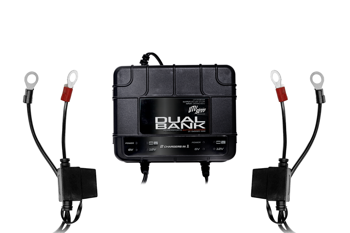 UTV Stereo dual bank powersports battery charger with two sets of ring terminal cables