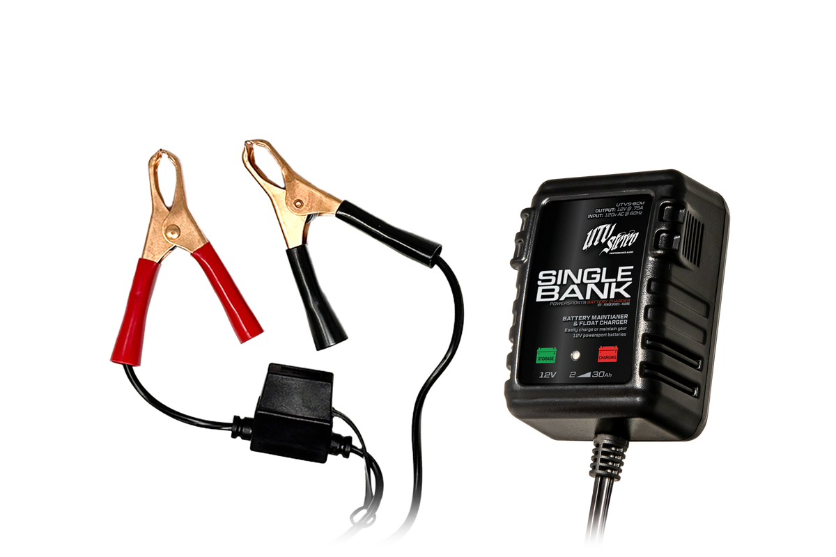 UTV Stereo single bank battery charger and maintainer with red and black alligator clips