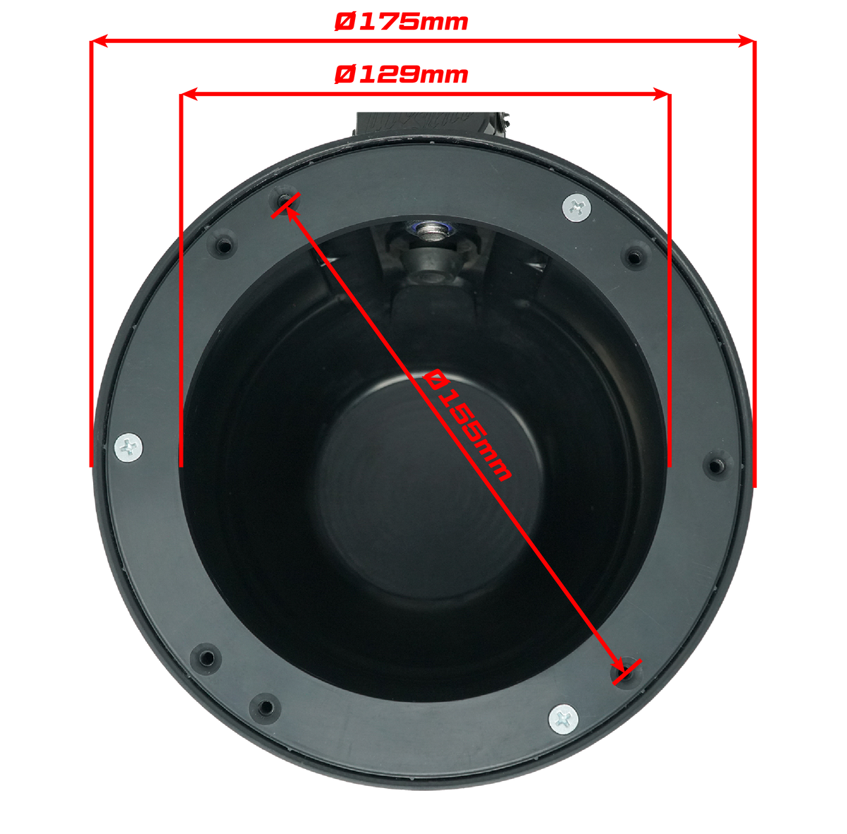 Technical diagram showing dimensions of a circular black housing with 175mm 129mm and 155mm measurements