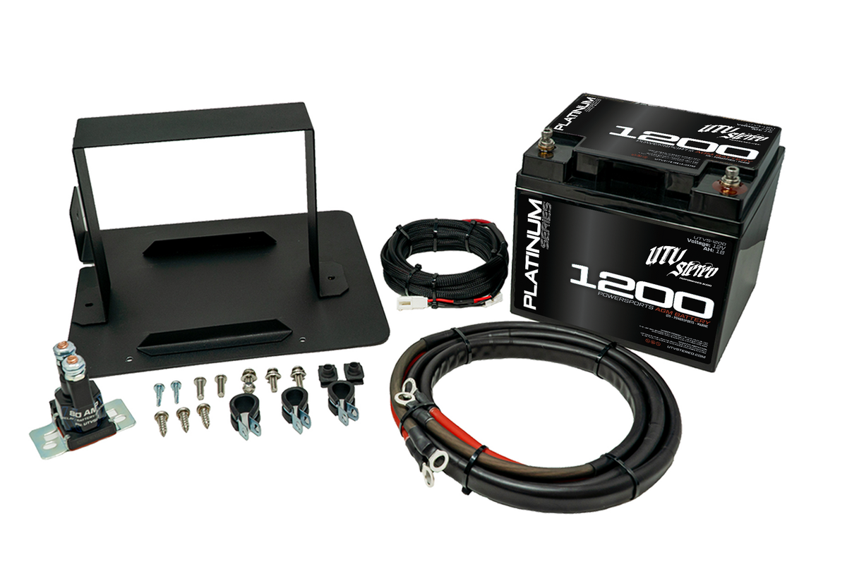 UTV Stereo Platinum Series 1200 AGM battery kit with mounting bracket cables and hardware
