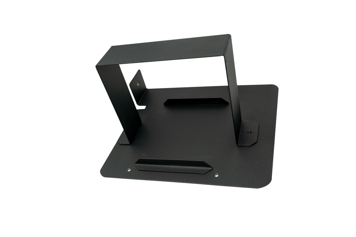 Black metal mounting bracket with rectangular frame and base plate