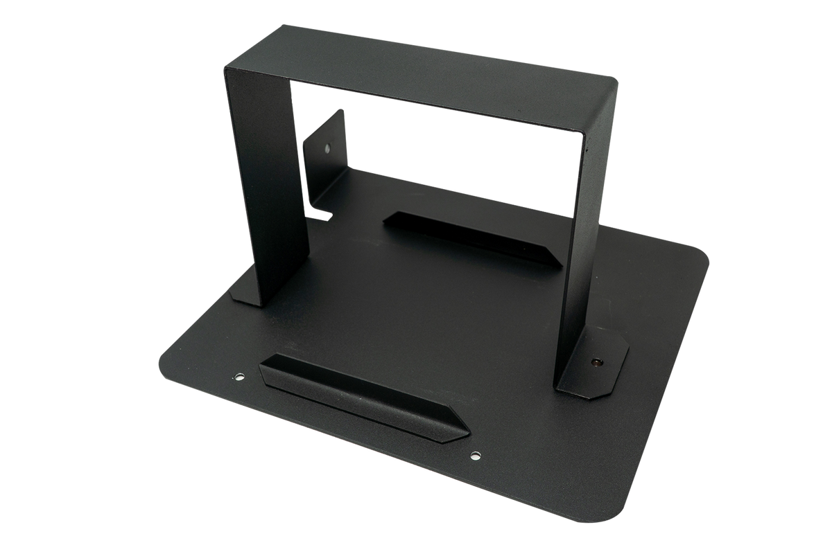 Black metal mounting bracket with rectangular frame and base plate