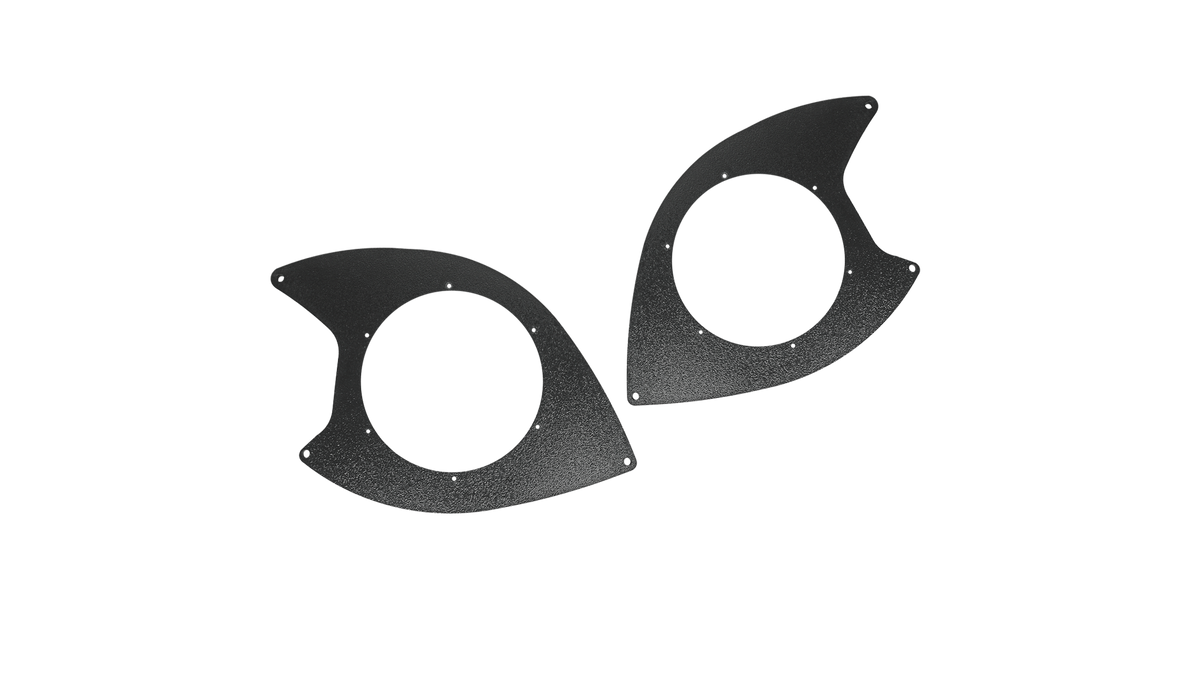 Pair of black textured metal speaker mounting rings with circular cutouts