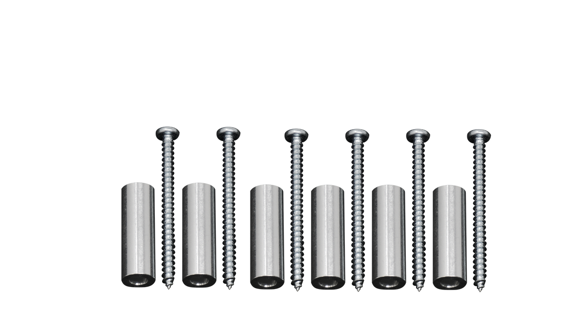 Set of six metal spacers and six matching screws
