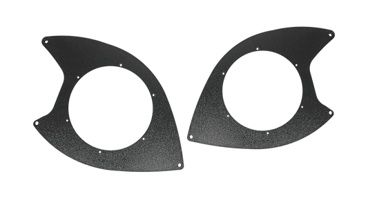 Pair of black textured speaker mounting brackets with circular cutouts