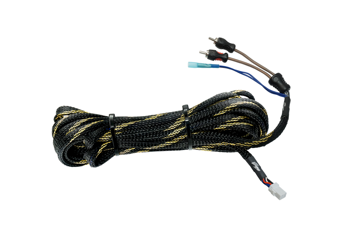UTV Stereo audio cable with braided black and yellow sleeve and RCA connectors
