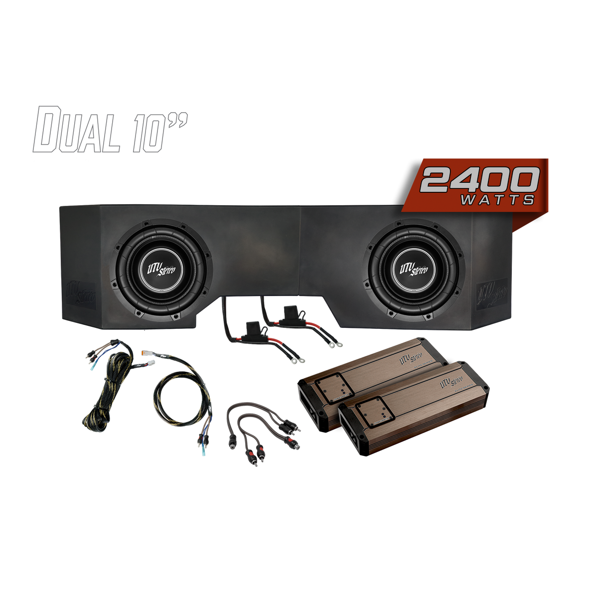 UTV Stereo dual 10 inch subwoofer enclosure with two amplifiers and wiring harness
