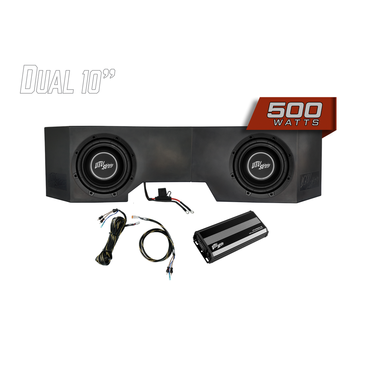 UTV Stereo dual 10 inch subwoofer enclosure with 500 watt amplifier and wiring kit