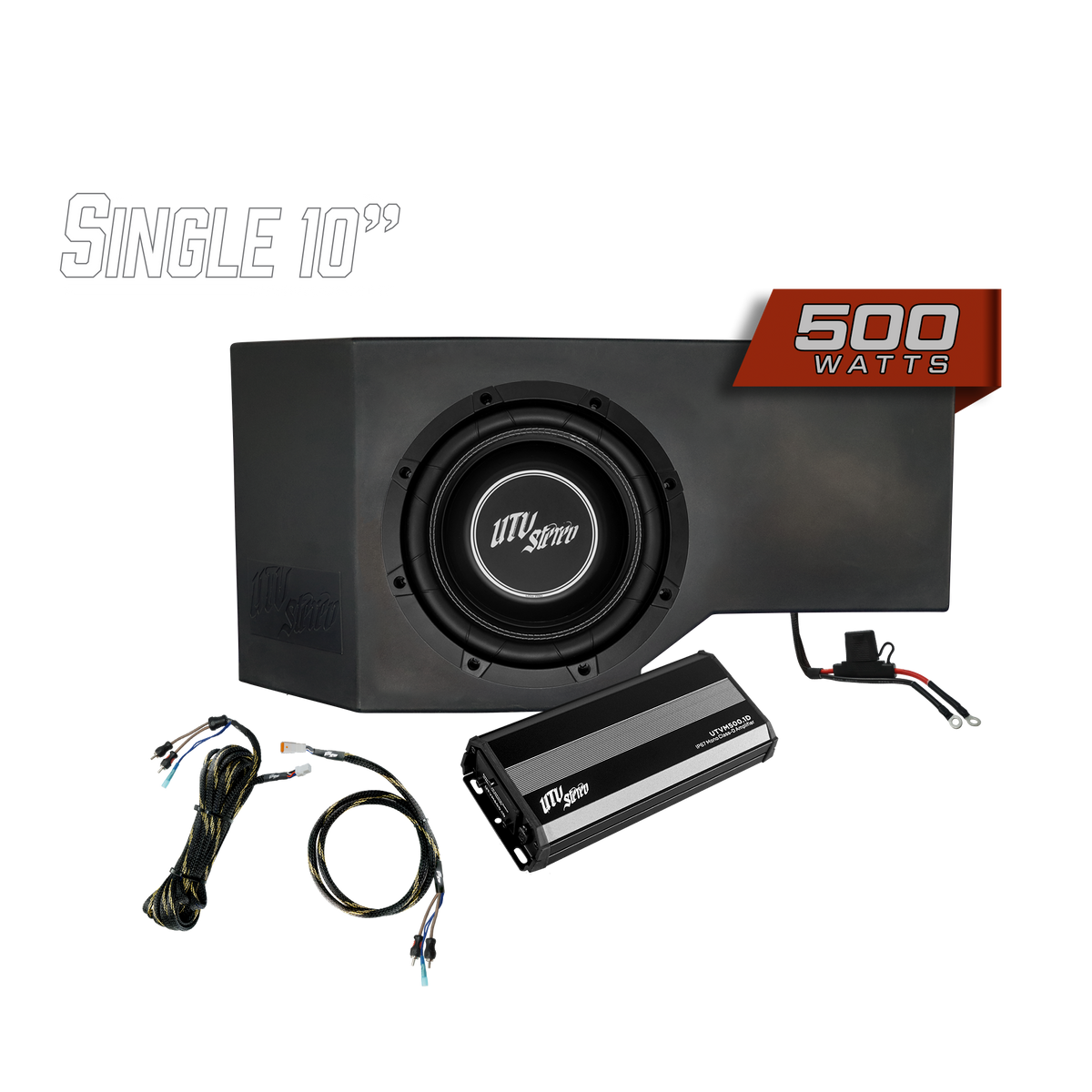 UTV Stereo 10 inch subwoofer enclosure with 500 watt amplifier and wiring kit