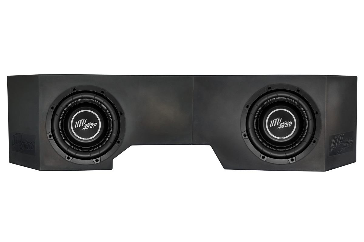 UTV Stereo dual subwoofer enclosure with two black speakers